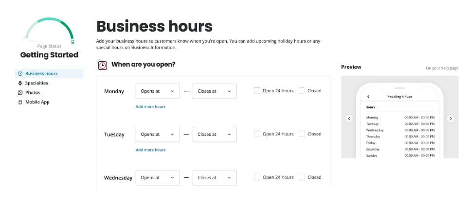 creating business hours for yelp